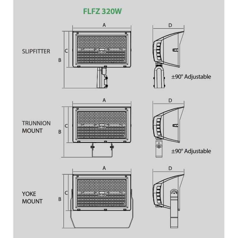 FLFZ Forza 200W/280W/320W LED Field Adjustable Slim Flood Light w/ 10KV SPD, 3CCT Selectable