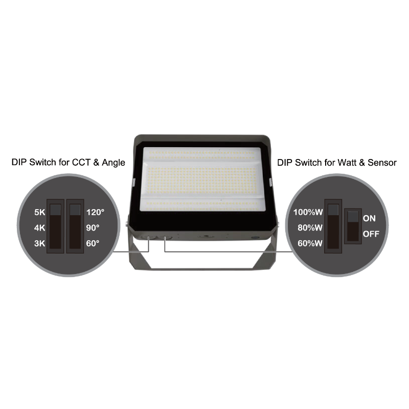 PT-FL 180W/240W/300W Beam Angle Adjustable LED Flood Light with 3CCT and Wattage Selector, Up to 49,218 Lumens, 120-277V, Integrated Photocell